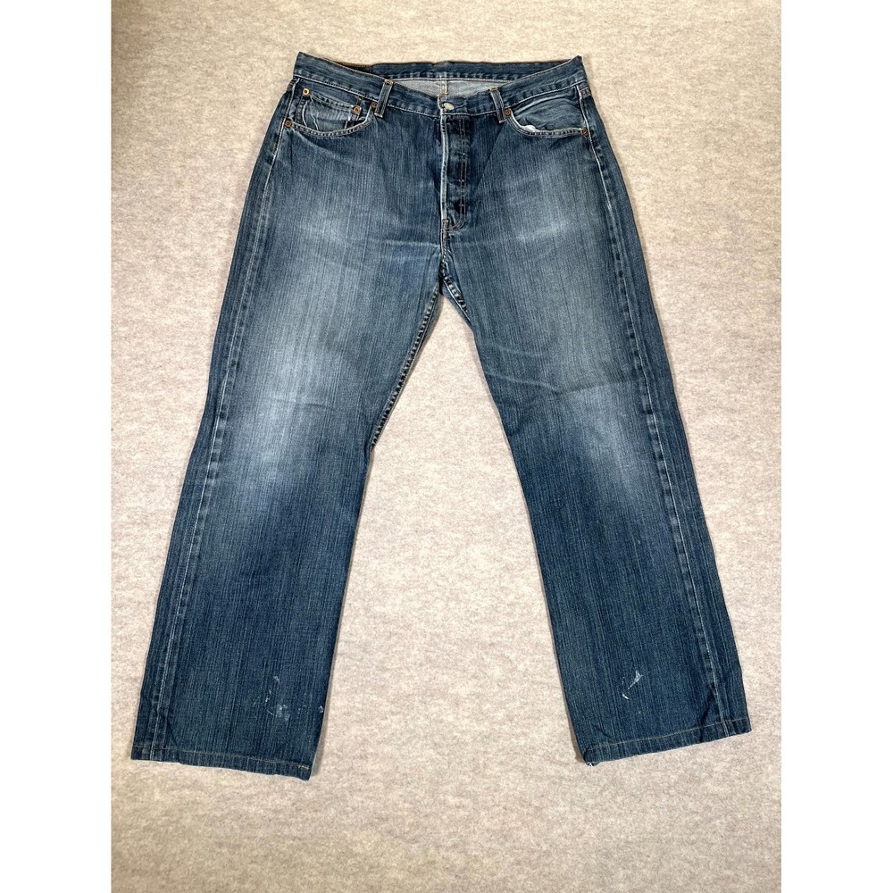 Levis 501 Jeans Mens 36x34‎ Blue Whiskering Denim Cotton Straight Leg Button Fly